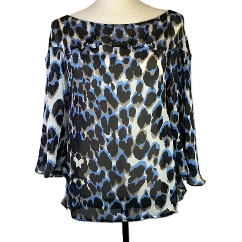 Robert Cavalli Blue Black Leopard Print Silk Blouse Bell Sleeve Sheer Size XS - Picture 1 of 13